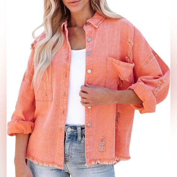 NWOT Pol boho frayed boho chic coral peach button up Shacket Sz M - Picture 1 of 8